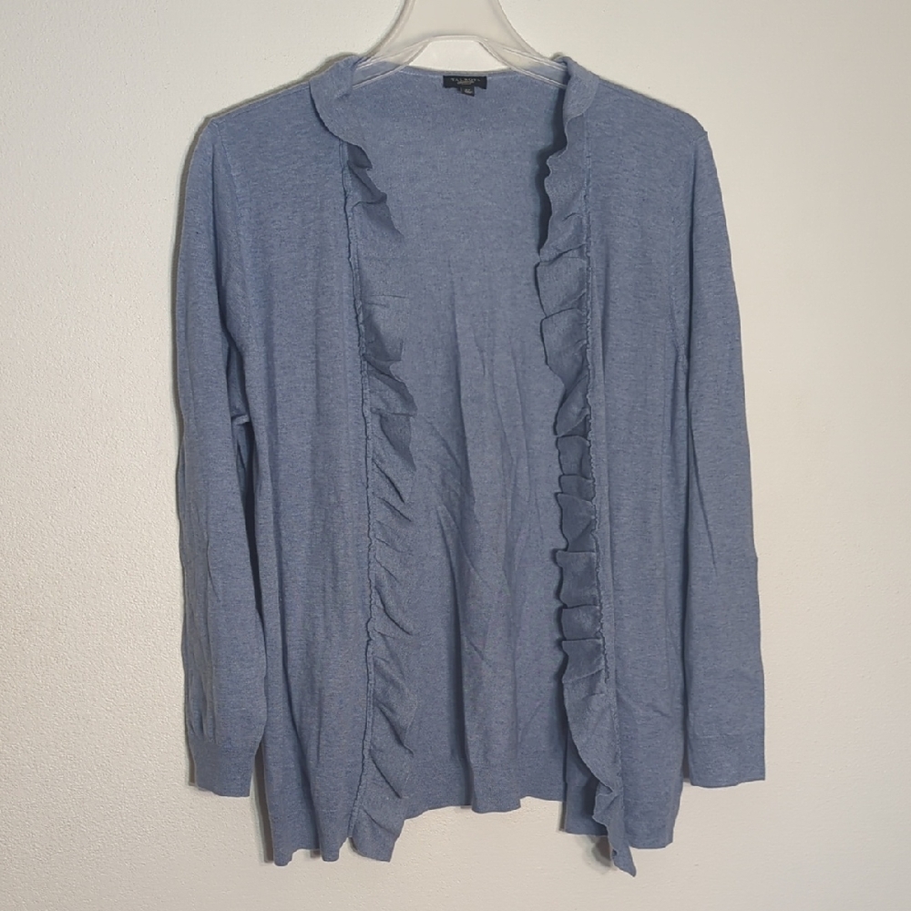 Talbots Womens Cardigan Ruffle Waterfall Open Grey Blue Cotton Wool Plus Size 2X